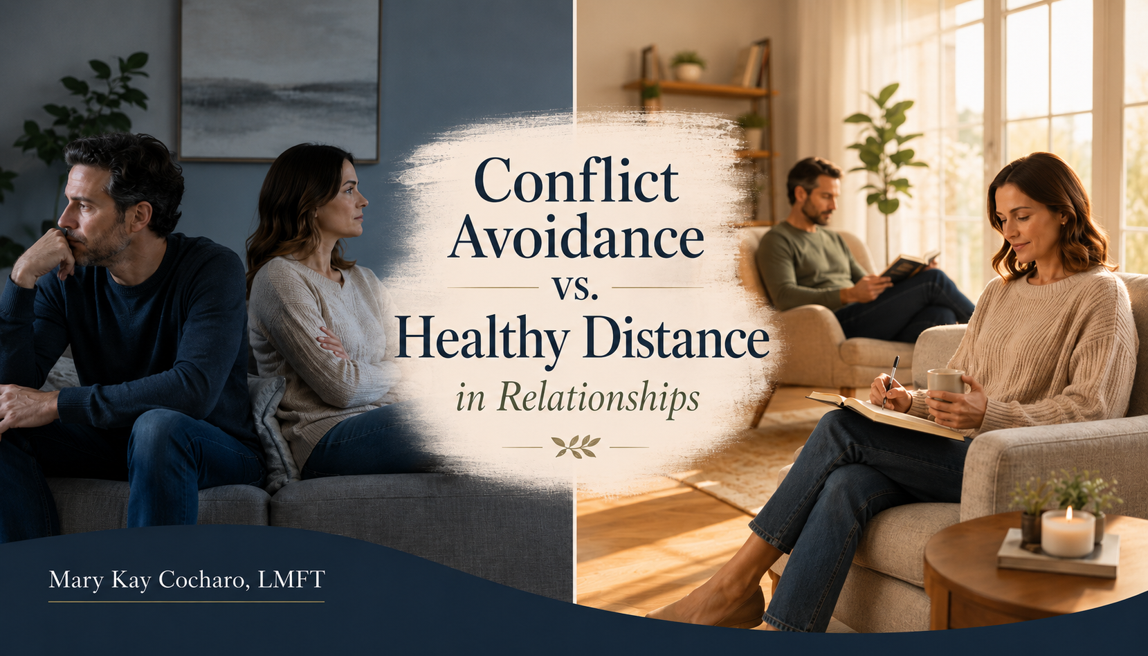 Couple shown in two contrasting relationship scenes, illustrating the difference between conflict avoidance and healthy distance in relationships.